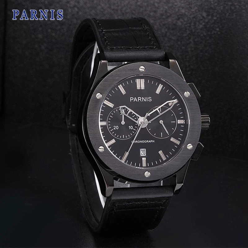 42mm Parnis Watch Black Dial with Silver Mark Pvd Case P6025 Chronograph Movement Automatic Men s