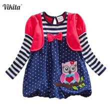 VIKITA платья для девочек Детские платья с изображением совы детская одежда в полоску, в горошек, с бантом Детские платья с длинными рукавами, LG006