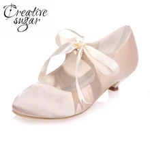 Creativesugar, lazo de estilo vintage con cordones, zapatos de satén con tacón de mary jane kitten para vestido de noche para mujer, zapatos de baile de graduación, tacones nupciales para boda