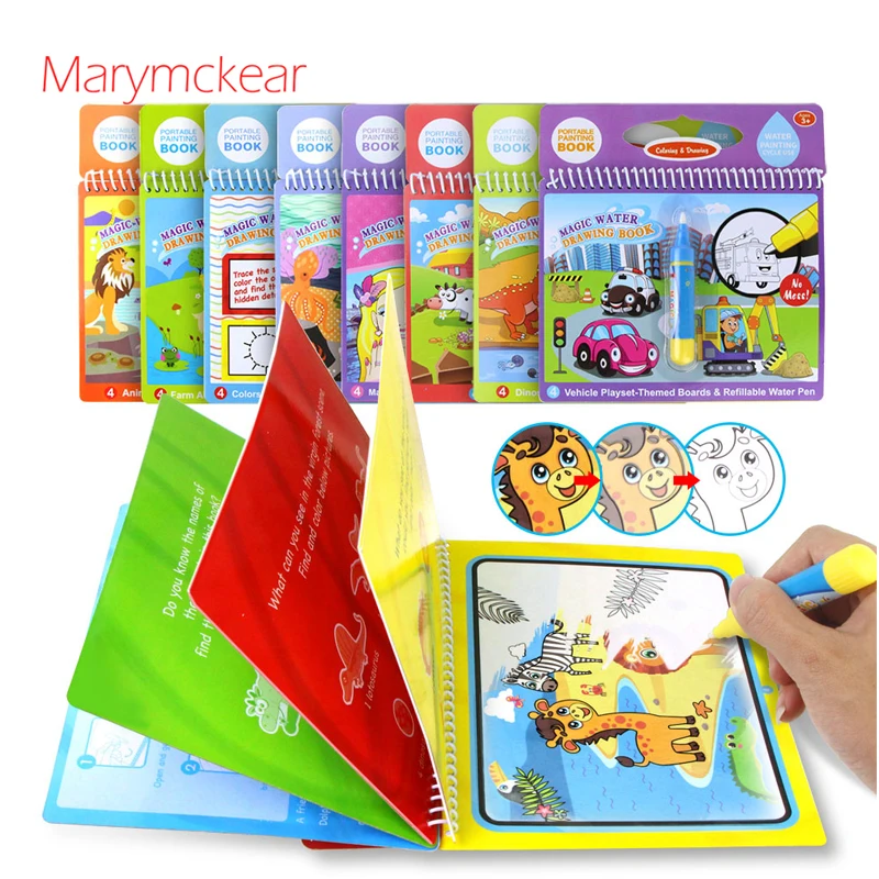 

1 pcs Drawing Book 8 Type Cute Themes Kids Educational Toy Magic Water Drawing Book Drawing Cardboard with 1 pcs Water Pen
