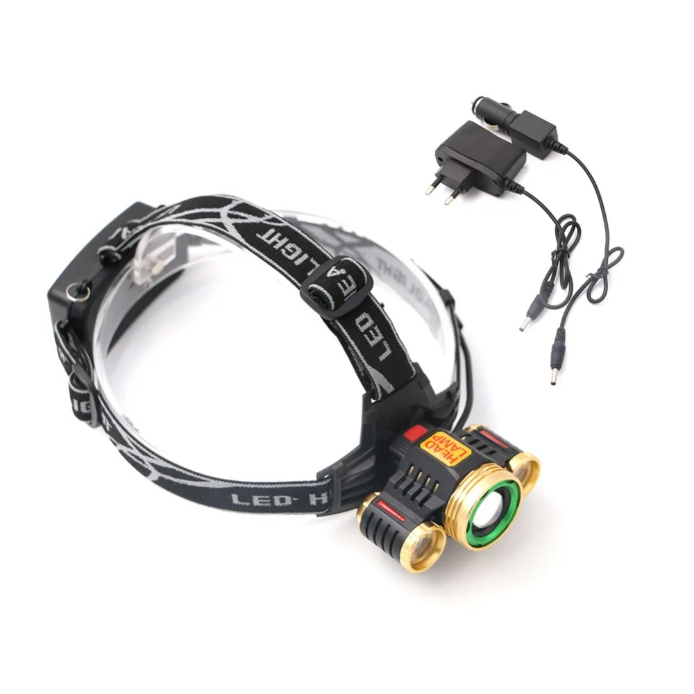 Headlight 1*T6+2*R2 LED Head Lamp Zoomable Headlamp Lintern Torch Biking Fishing for 18650 Battery+Charger+Car Charger | Лампы и