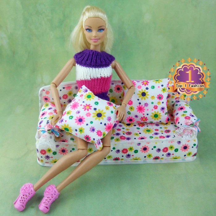 Mini Furniture Floral Sofa Couch+2 Cushion For Barbie Doll House Accessories DIY 