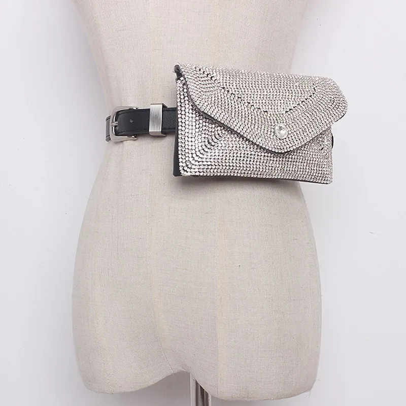

[BXX] 2019 New Autumn PU Leather Mini-bag Split Joint Diamonded Metal Buckle Long Cool Belt Women Fashion Waist Bag Tide JG654