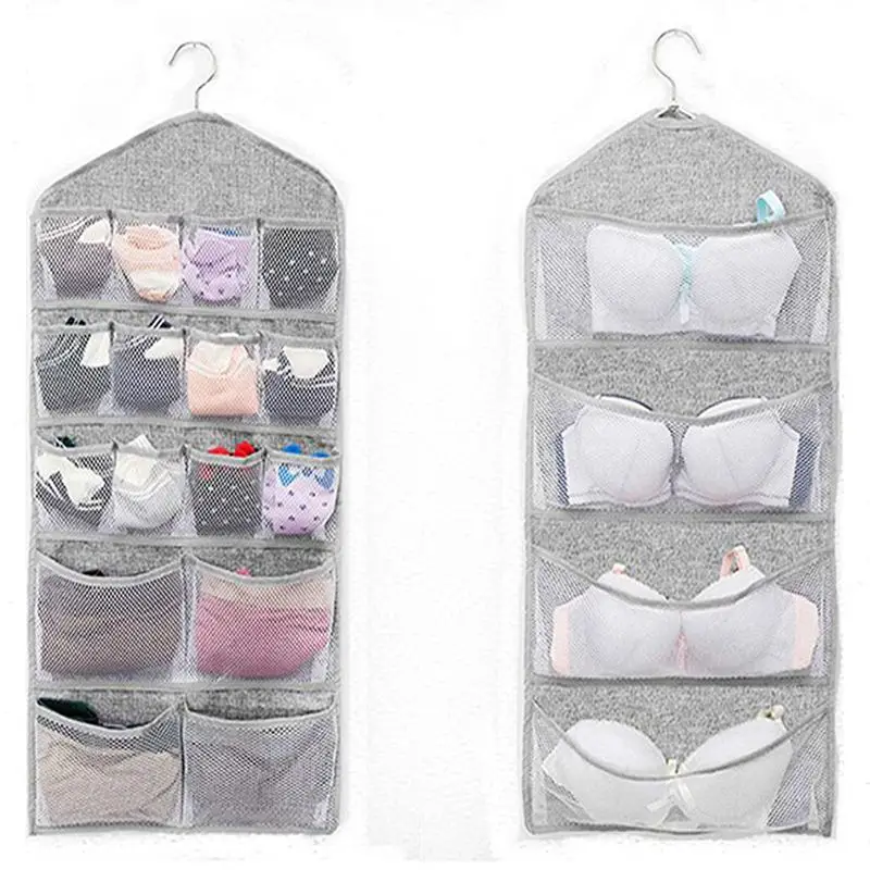 Gray Двухсторонний подвесной органайзер для белья, чулок, бюстгальтера и носка, сетчатые карманы с металлической вешалкой(20 карманов серого цвета - Цвет: Gray