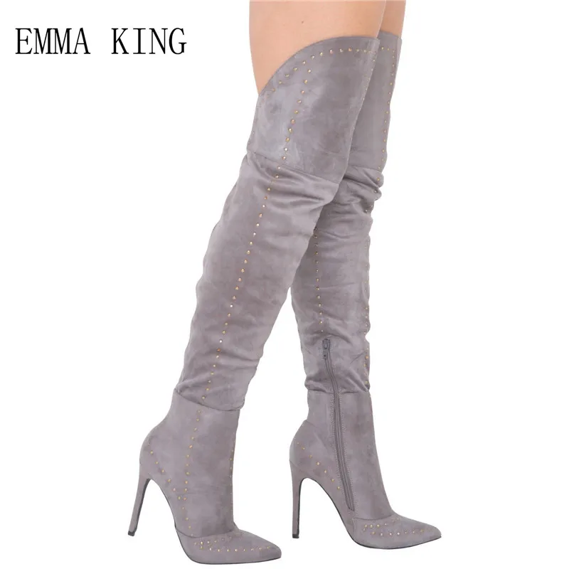 

EMMA KING Spring Sexy Rivets Suede Women's Boots Mature Sign Charming Pointed Stiletto High Heel Shoes Long Booties Black