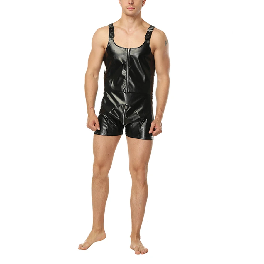 

Sexy Men Faux Leather Bodysuit Men PU Leather Jumpsuit Sexy Zipper Nightclub Party Catsuit
