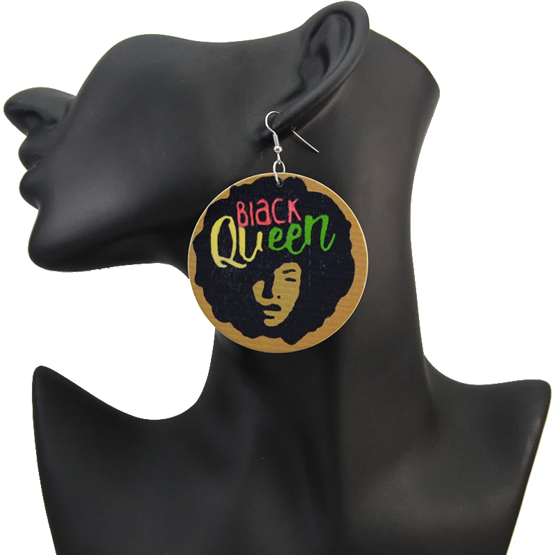 Somesoor Printed Black Queen African Wooden Drop Earrings Afro