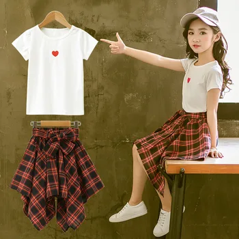 

Fashion Teenage Clothes For Girls Clothing 2019 Summer Soft Cotton Tshirt Plaid Skirt Shorts Kids Outfits Suit 2Pcs Children Set