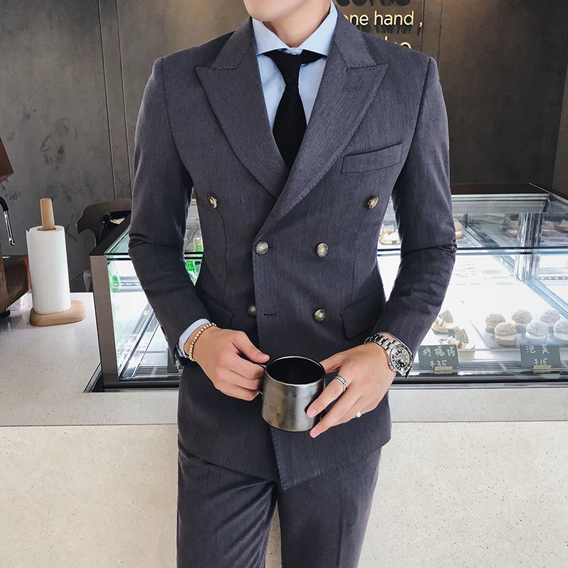 Двубортный пиджаки мужские 2018 серые masculino Slim Fit черный chaqueta hombre формальные