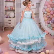 2017 Nouvelle Fleur Fille Robes pour Mariages Bleu Sans Manches O-cou robe de Bal Perles Formelle Dentelle Jusqu’à Pageant D’anniversaire Robes Robe