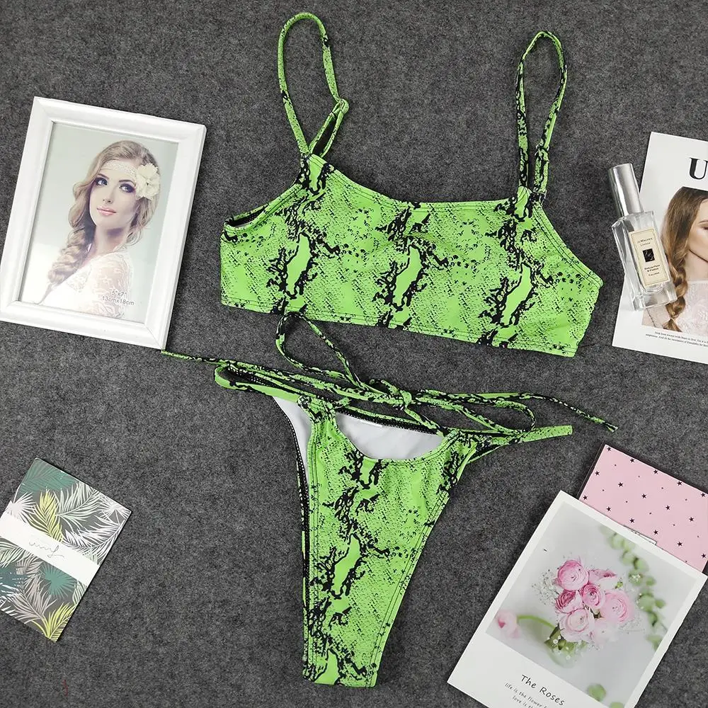 Neon Green Bikini String Snake Print Swimsuit Women Bandage swimwear ...