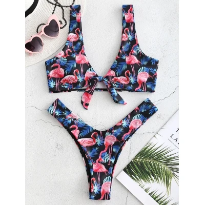2018 Women High Cut Flamingo Printed Bikini Set Plunging Neck Bow Knot Push Up Swimsuit Bathing Suit Brazilian Bikinis Swimwear