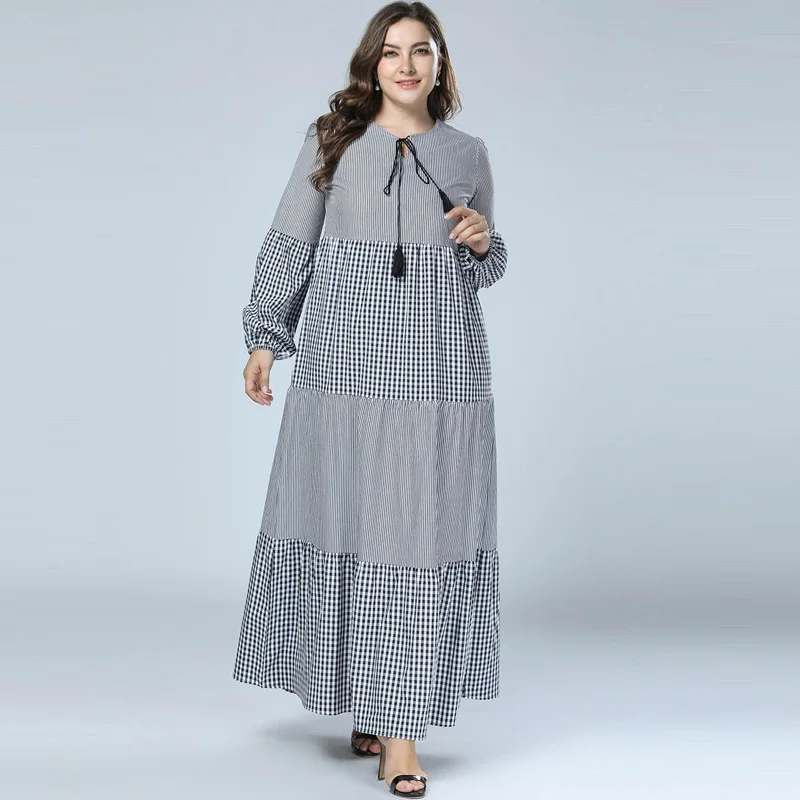 Женское клетчатое лоскутное Макси платье с длинным рукавом-фонариком на каждый день мусульманский кафтан абайя исламский Дубай Абая s серый 3XL 4XL