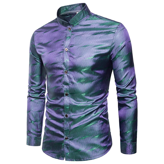 Mens Trend Night Club Wear Coated Metallic Gold Shirts Party Shiny Long