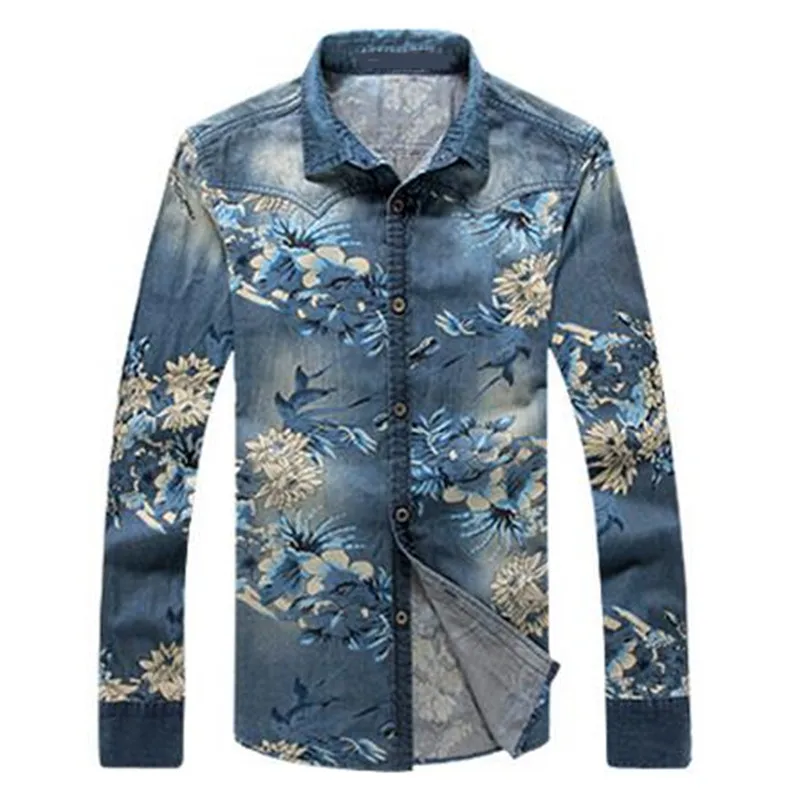 tu se Хлопок Slim Fit брендовая Повседневная джинсовая рубашка контрастного цвета с цветочным принтом мужская Ковбойская Рубашка с длинными рукавами Camisa джинсы Masculina - Цвет: tu se