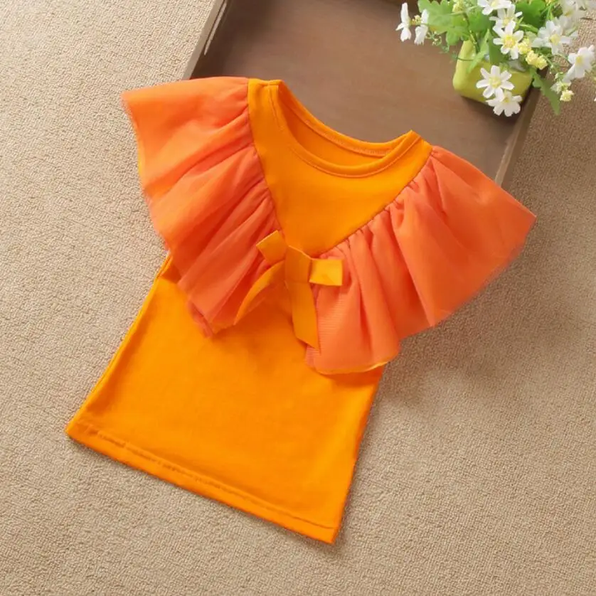 Летняя футболка для девочек детские рубашки белая футболка с оборками и бантом топы для девочек, футболка для малышей и подростков детская одежда для детей 6, 8, 10, 12 лет - Цвет: orange girls t shirt