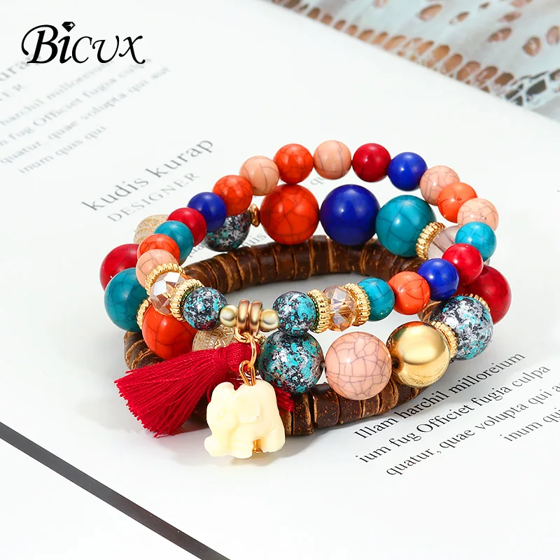 BICUX, модный винтажный этнический браслет из бисера с дикими животными для женщин и мужчин, простые бусины в Корейском стиле, эластичные браслеты, ювелирные изделия