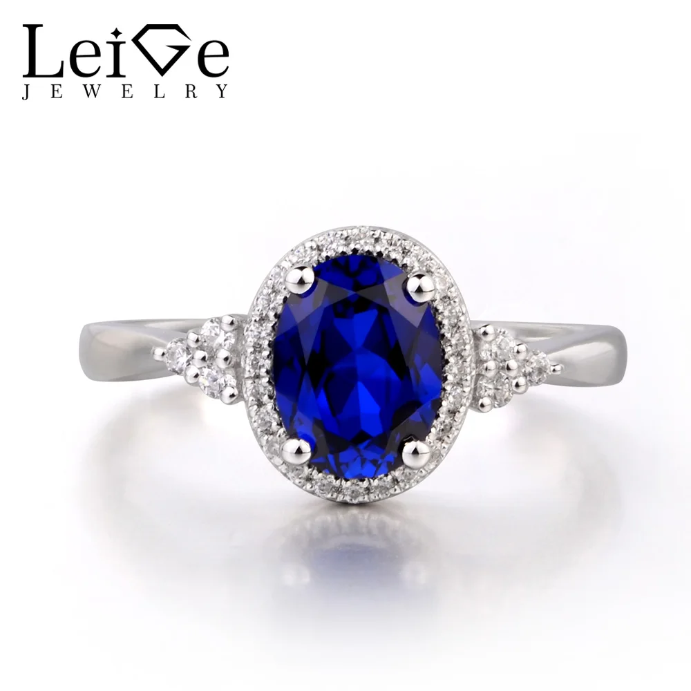 Leige Jewelry Sapphire Solid 925 Sterling Silver Ring Fine Gemstone Birthstone Oval Cut