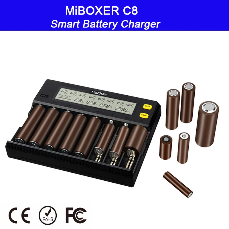 

8 Slots Intelligent Battery Charger LCD Display MiBOXER C8 for Li-ion LiFePO4 Ni-MH Ni-Cd AA 21700 20700 26650 18650 17670 RCR12