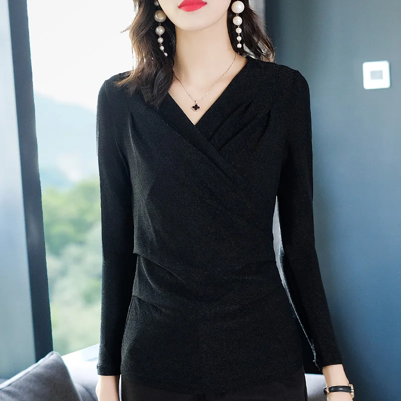 Женские топы и блузки весна осень Мода v-образным вырезом блузка Blusas с длинным рукавом офисные женские рубашки плюс размер 5XL - Цвет: Black