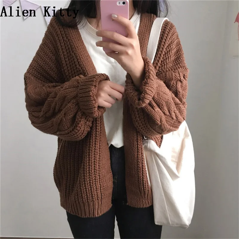 

Alien Kitty Vintage Cardigans Autumn Knitted Twist Sweater Women V-Ncek Long Sleeve 2018 New Fashion Loose Sweater