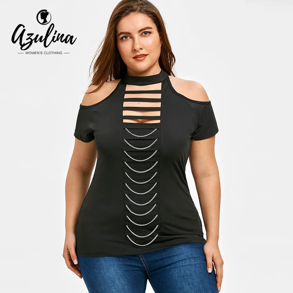 AZULINA Plus Size Cut Out Chains Cold Shoulder T-Shirt Punk Style Elastic Black Women Tops 2018 Summer Casual T Shirt T-Shirts drop shoulder cut out t shirt