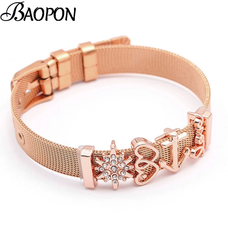 

New Design Stainless Steel Mesh Bracelet with 4pcs Slide Charms Silver Rose Gold Fine Wrap Charm Bracelets For Women Men Gift