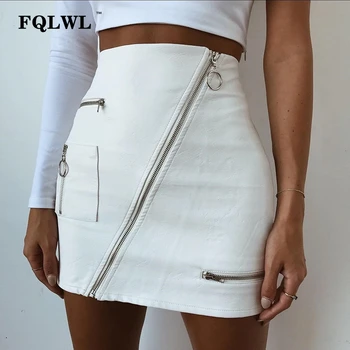 

FQLWL High Waist PU Leather Skirt Women Oblique Zipper Pocket White Bodycon Mini Skirt Pencil Streetwear Short Skirt Summer 2018