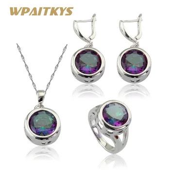 

WPAITKYS Round Multicolor Rainbow Crystal Silver Color Jewelry Sets For Women Earrings/Necklace/Pendant/Ring Gift Box
