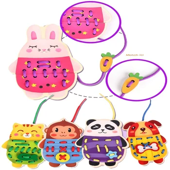 

5Pcs/Set Cartoon Animals Threading Puzzle Toys Tangram Jigsaw Board Game Montessori Early Childhood Education Wooden Desktop Toy