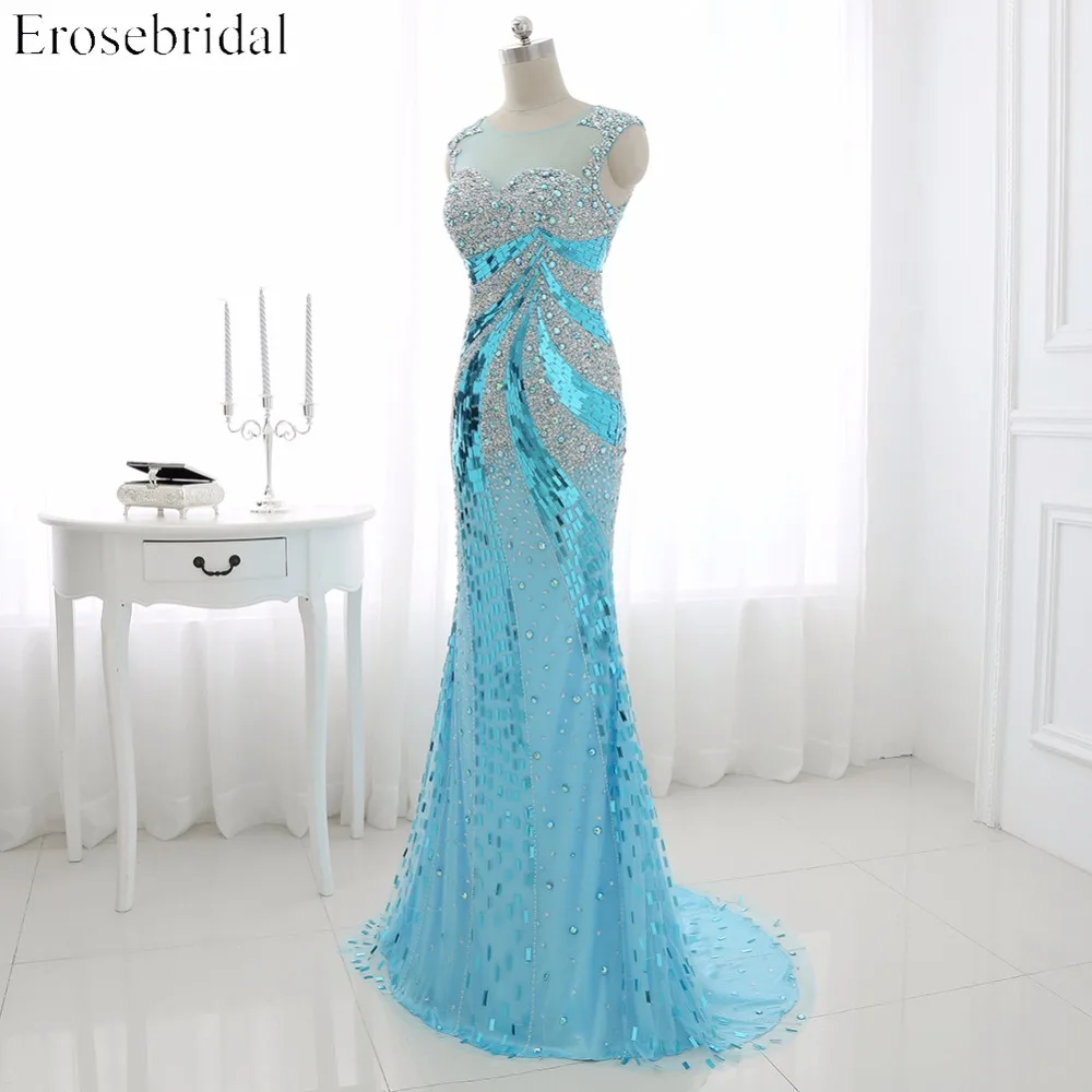 Prom Dresses Erosebridal 2019 Sparkly Beading Mermaid Evening Party Gowns Sheer Neck Gala Dress Illusion Back Custom Made ZCC05