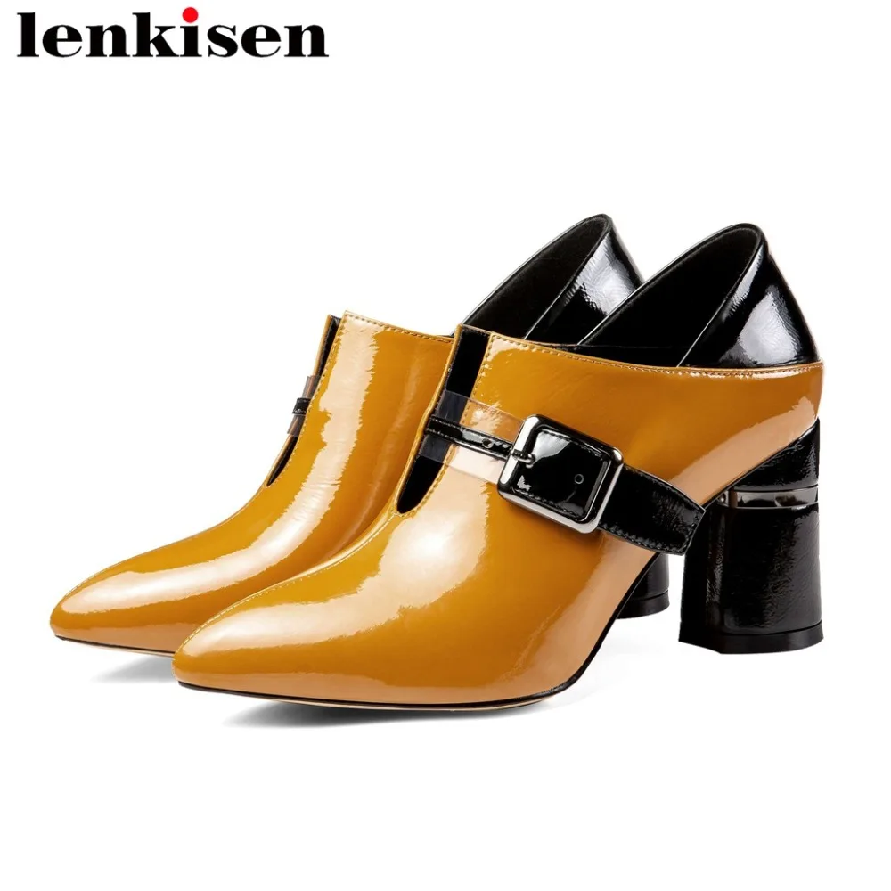 

2019 mixed colors genuine leather high heels buckle strap vintage retro pointed toe jelly shoes dress European style pumps L06