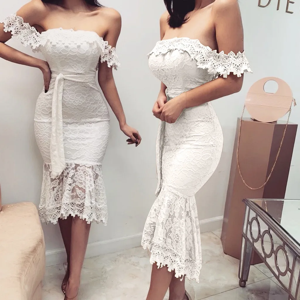 

Lace Hollow Out Bodycon Dress Women Sexy Off Shoulder Sleeveless Long Dresses Elegant Backless Party Dress With Belt Vestidos