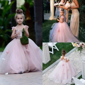 

Pink 2019 Flower Girl Dresses For Weddings Ball Gown Spaghetti Straps Tulle Long First Communion Dresses For Little Girls