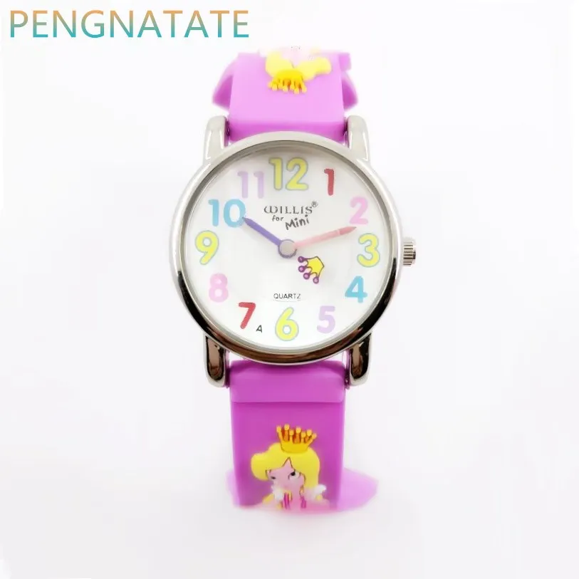 Уиллис 3D принцессы каучуковый ремешок кварцевые часы девушка Элитный бренд Водонепроницаемый модная детская qlastic детей часы pengnatate