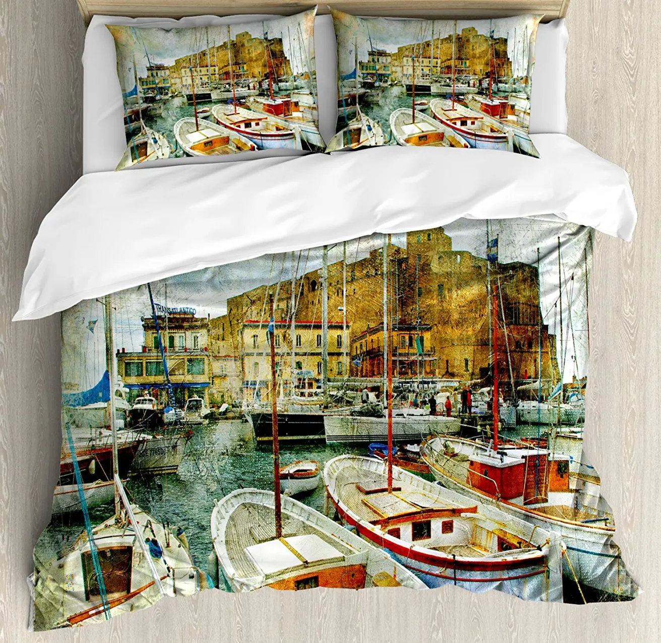 Marine Duvet Cover Set Naples Small Boats at Historical Italian Coast