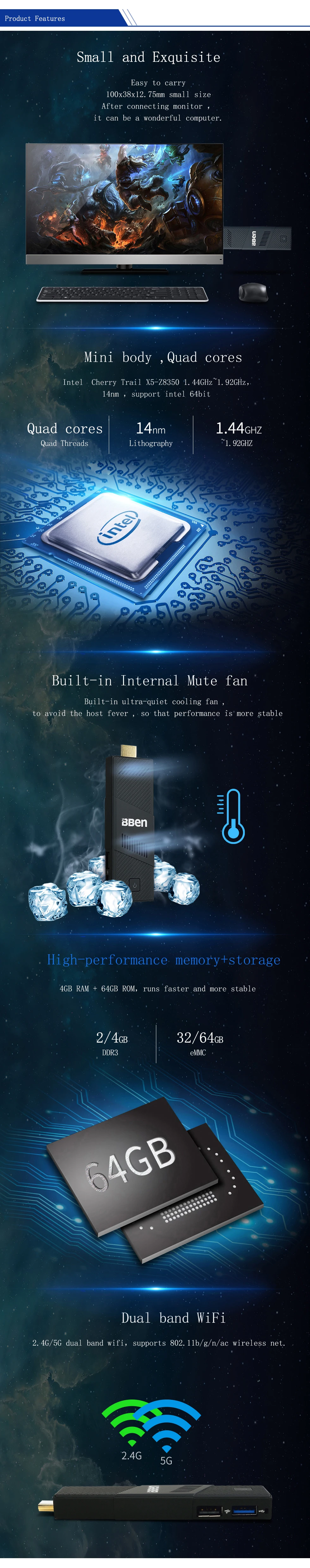 Мини-ПК BBen MN9, Windows 10 Ubuntu, Intel X5 Z8350, четырехъядерный, 2 ГБ, 4 Гб ram, бесшумный вентилятор, WiFi, смарт-ТВ-карта, ПК, мини-компьютер, микро