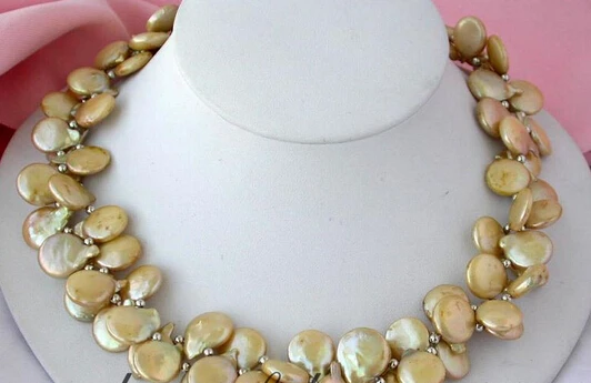 

FREE SHIPPING>@@> N2931 2row 18" 14mm coin champagne fw pearl necklace shell