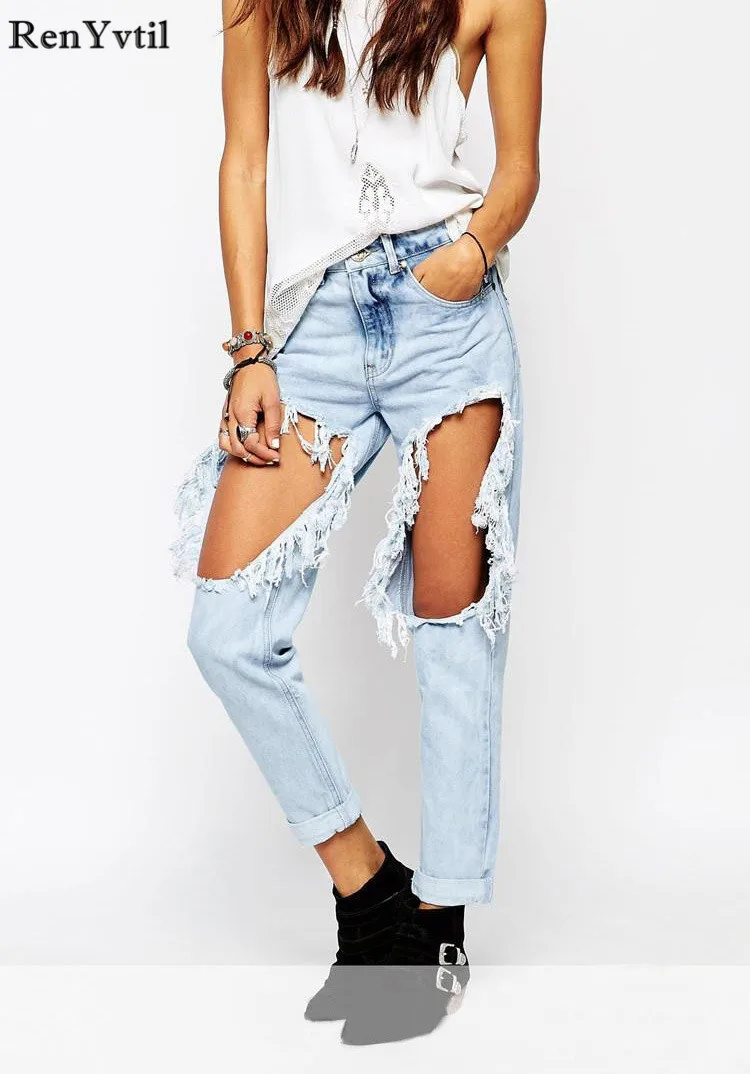 RenYvtil Wash Bleached Ankle Length Woman Jeans 100%