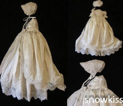 Toddler Infant Girl First Communion Dress Christening Gown with Bonnet  Lace Long Sleeves 2 Tieres Baby Baptism Robe Gowns