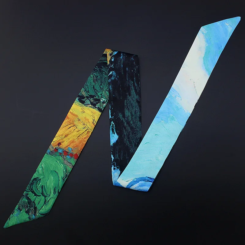 Slender Strip Narrow Ribbons Art Wheat Field Almond Flower Starry Sky Oil Painting Tie Bag Handle Twill Silk Scarf Hair Bands