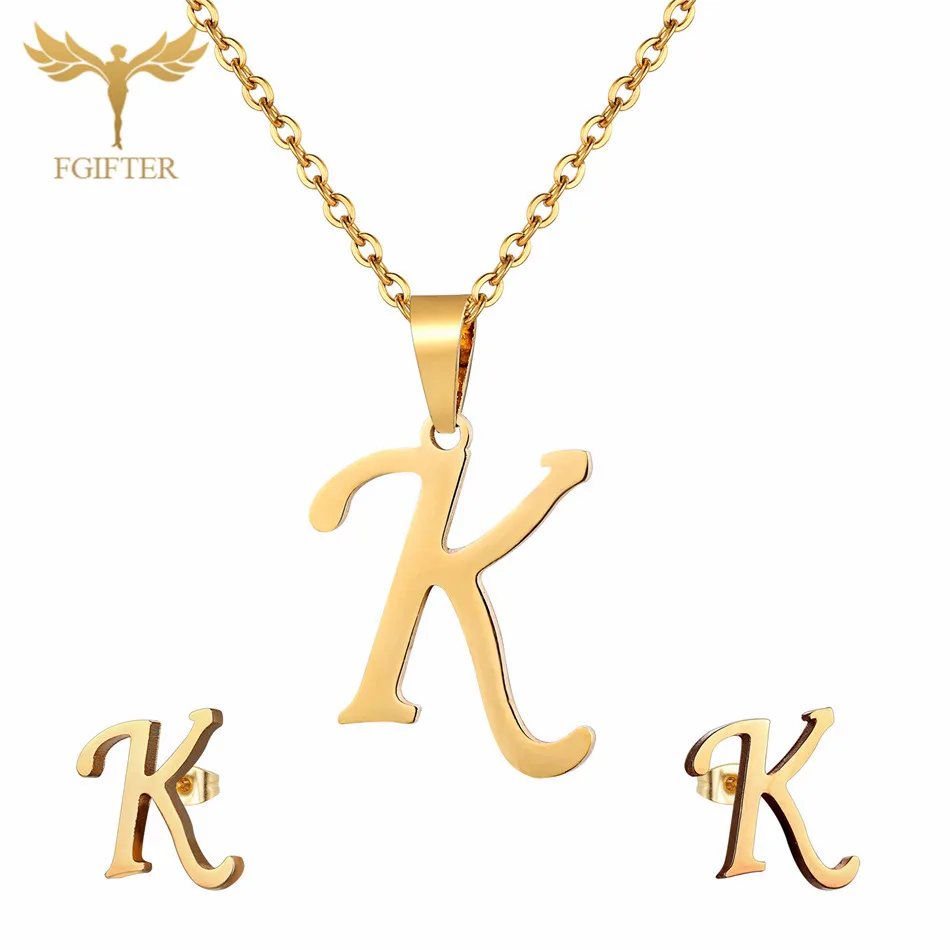 

Cute Children Jewelry Set 26 Letters Pendant Necklace and Earrings Stainless Steel bijoux enfant joyeria acero inoxidable