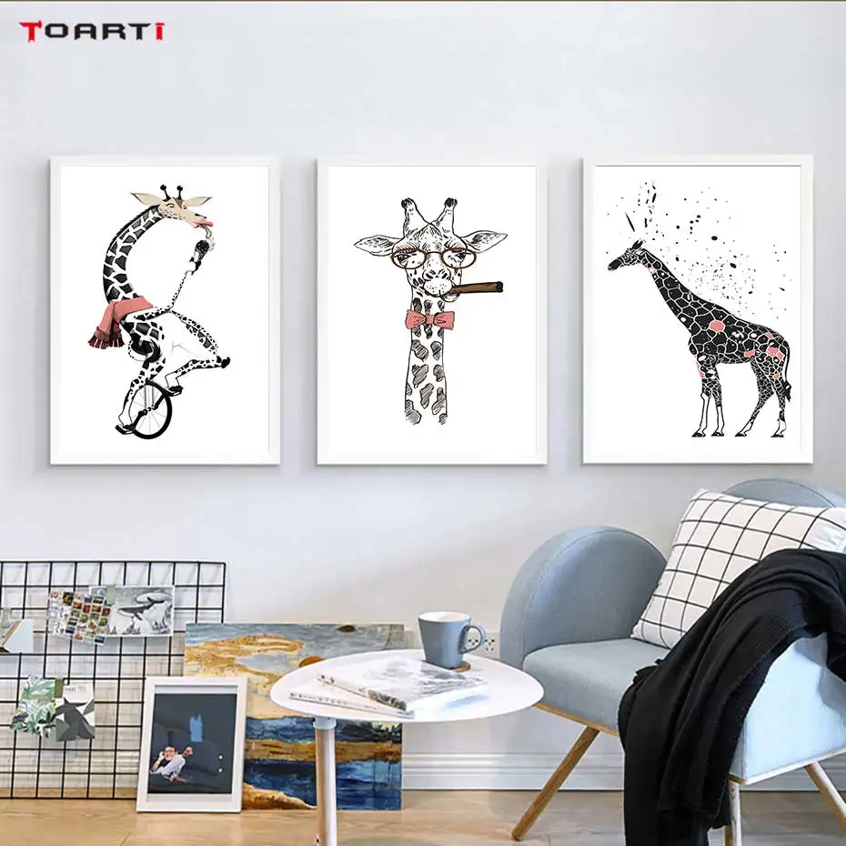 

Cool Giraffe With Cigar Prints Posters Cartoon Animals Canvas Painting On The Wall For Kids Living Room Home Decor Art Pictures