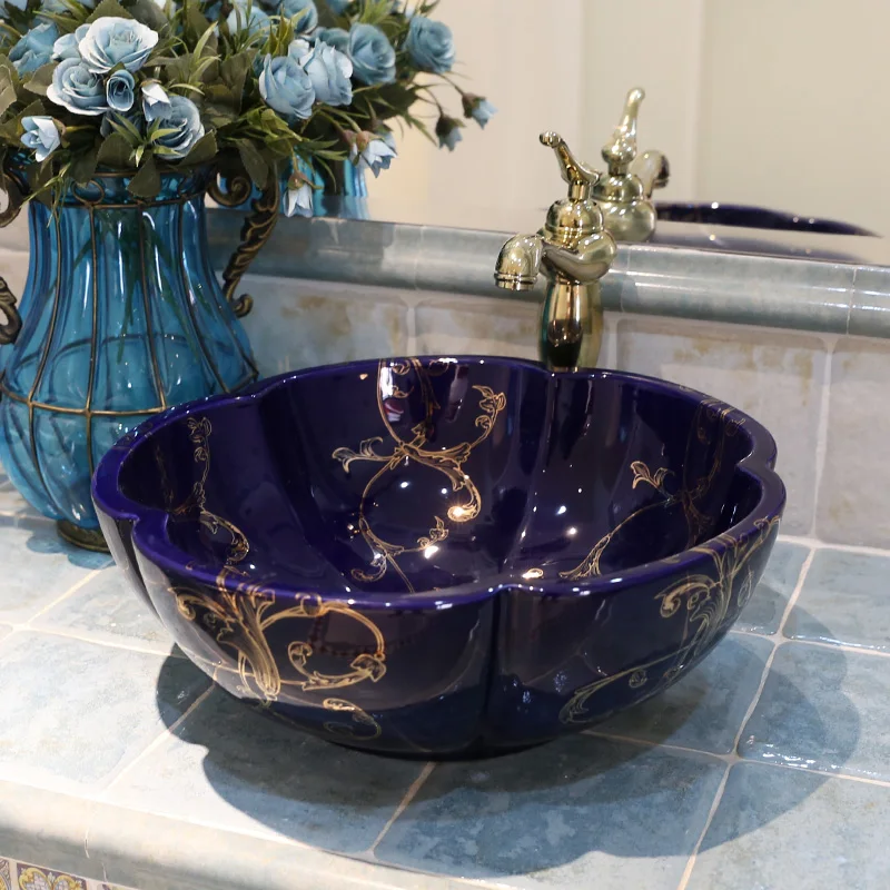 Round Flower shape Bathroom Lavabo Ceramic Counter Top Wash Basin Cloakroom Hand Painted Vessel Sink coloured bathroom basins (14)