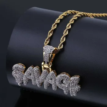 

Men's Iced Out bling SAVAGE Pendant Necklace Gold Color Plated Micro Pave AAA Cubic Zircon Hip Hop Gems Druzy Jewelry Gifts