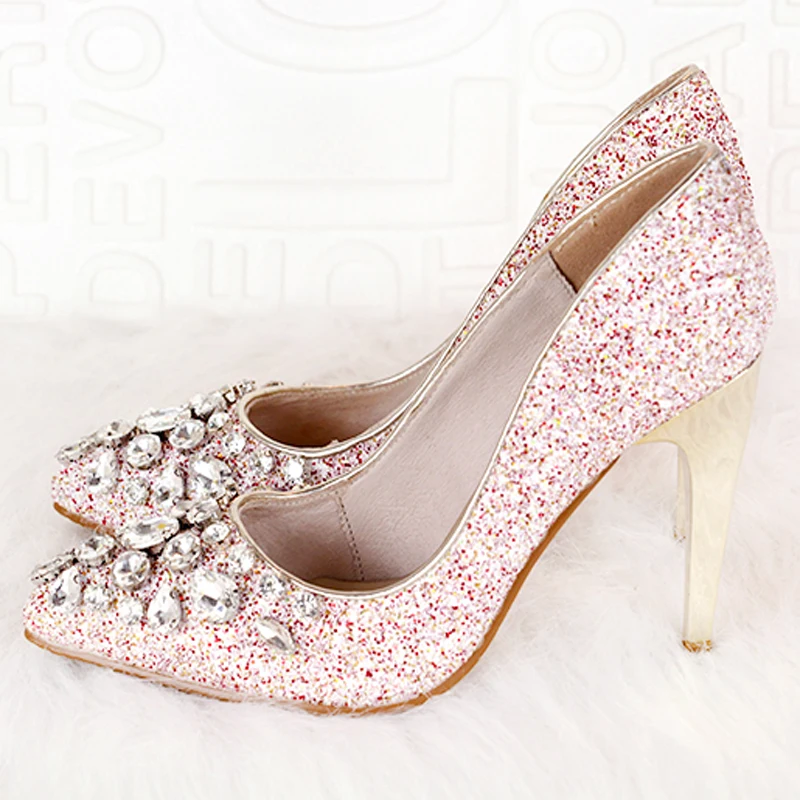 

Sexy Bling Bling Leather Rhinestone Wedding Dress Shoes Women Plated Heels Pointed Toe Ladies Sequins Pumps Ladies High Heels