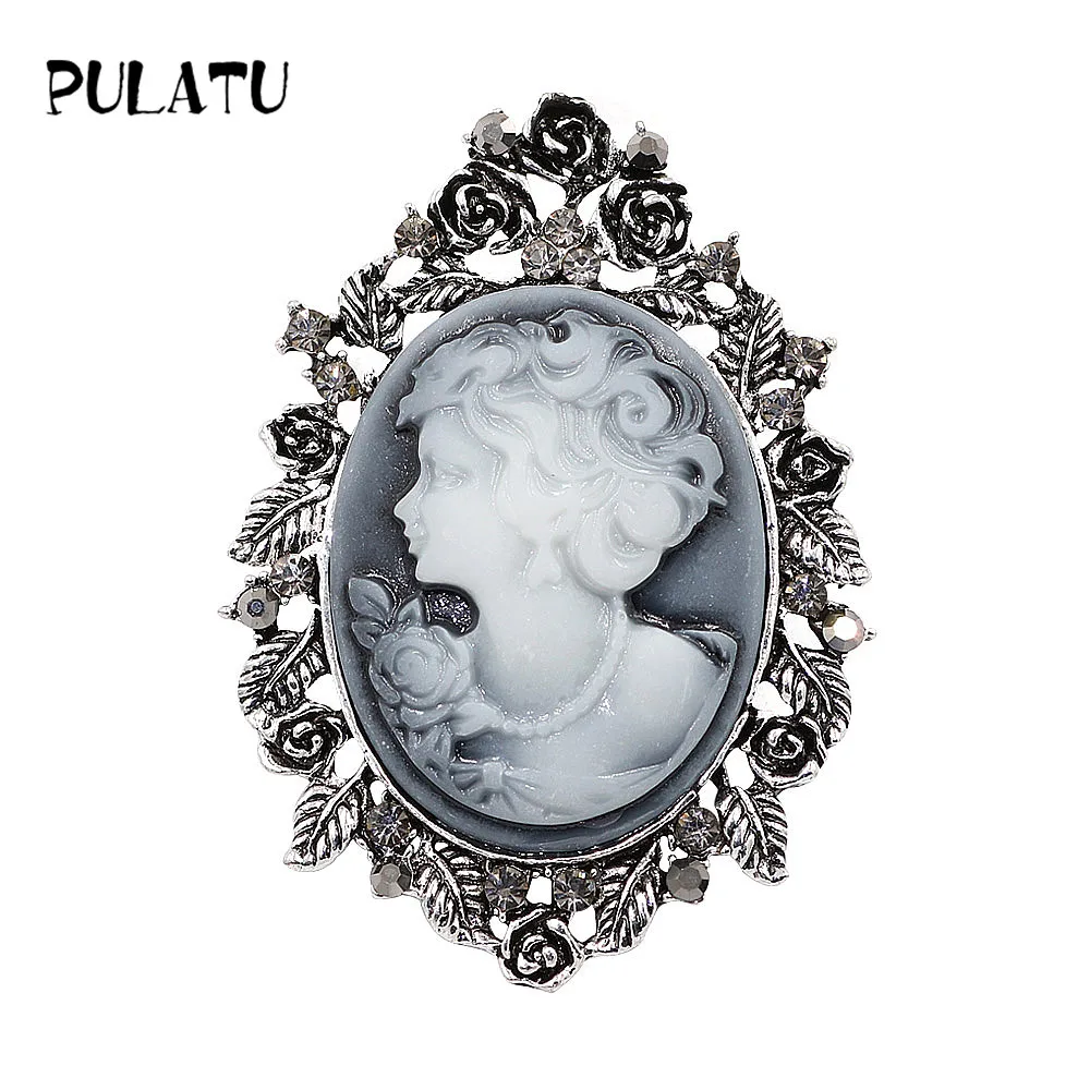 PULATU Vintage Silver Rose Flower Cameo Brooches for Women Antique