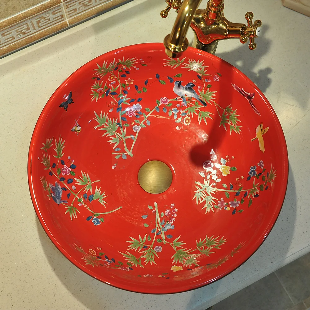 Counter Top porcelain wash basin bathroom sinks ceramic bowl wash basin flower and bird (3)