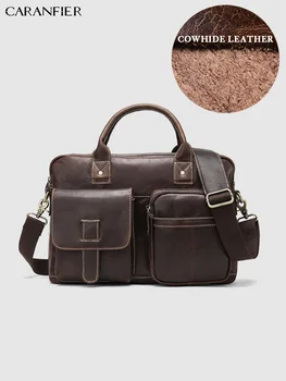 

CARANFIER Mens Briefcases Large Capacity Business Travel Bags Genuine Cowhide Leather Vintage Quality Male Shoulder Bag Handbags