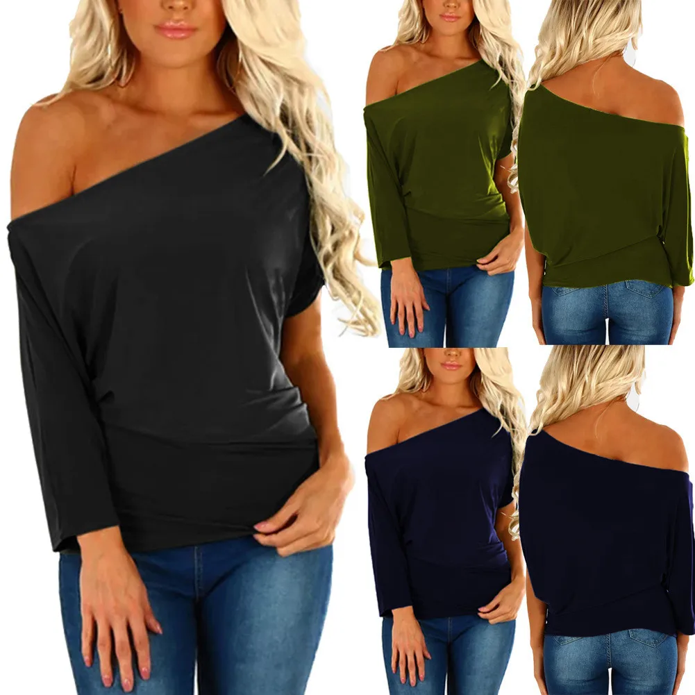 

2019 New Summer Women Skew Neck Irregular Blouse Shirt Off Shoulder Solid Tops Blusa